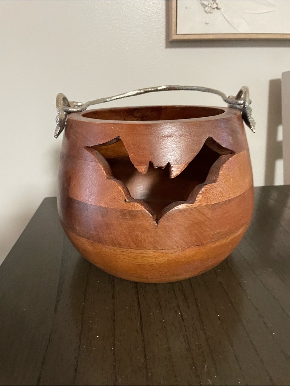 Hand-Carved Bat Lantern Bucket in Brown Wood